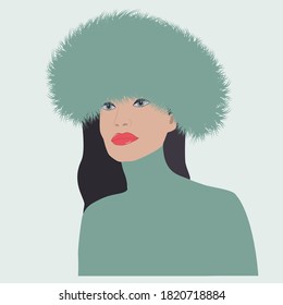 Faux green fur, woman in winter hat - vector. Beauty Fashion.