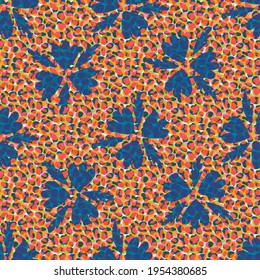 Faux Leder und Blumen Textur, Vektorgrafik nahtloser Muster Hintergrund. Hintergrund mit blauen Orangen vermischte transparente Schichten von Tierdruck und Blütenblättern. Farbwiederholung für Verpackungen oder Gewebe