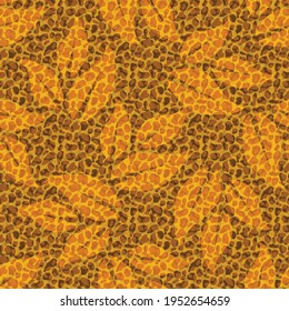 Faux Ledertextur, Vektorgrafik nahtloser Muster Hintergrund. Hintergrund mit einfarbigem Ocker vermischt transparente Schichten von Tierdruck und Blattwerk. Painterly auf dem gesamten Druck für Verpackungen oder Gewebe