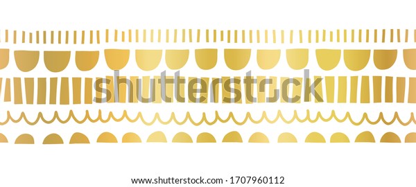 Faux metallic gold foil seamless horizontal vector\
border. Gilded abstract doodle shapes. Repeating pattern with wonky\
arcs and stripes. Abstract border for card decor, birthday invite,\
elegant decor
