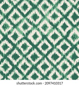 Patrón textil nativa falso sin soldadura vectorial de fondo,Ikat Ogee Background Pattern Étnic fluido de color verde y blanco. 