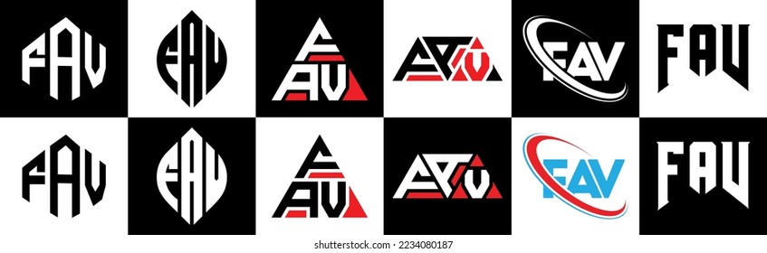 Diseño del logotipo de letras FAV en seis estilos. polígono FAV, círculo, triángulo, hexágono, estilo plano y sencillo con el logotipo de la letra de variación en color blanco y negro en un tablero. Logo de FAV minimalista y clásico