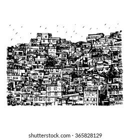 Favela, Brazilian slum in Rio de Janeiro, Brazil. Vector freehand pencil sketch.