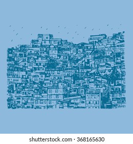 Favela, Brazilian slum in Rio de Janeiro, Brazil. Vector freehand pencil sketch.