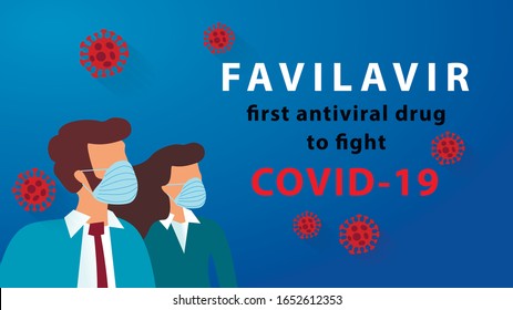 Favilavir - first antiviral drug to fight COVID-19 Wuhan Novel coronavirus (2019-nCoV) on blue background. woman and man in suit with  medical face mask. Corona Virus disease 2019 Pandemic Protection 