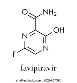 Favipiravir antiviral drug molecule. Used in treatment of Ebola virus. Skeletal formula.