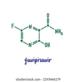 Favipiravir Hand Drawn Vector Formula Chemical Structure Lettering Blue Green Antiviral Medication