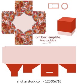 Favor box die cut. Abstract floral pattern. Empty label.