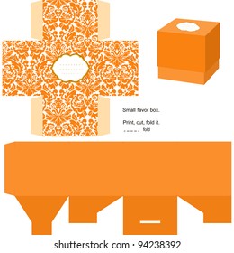 Favor box die cut. Classic damask pattern. Empty label.