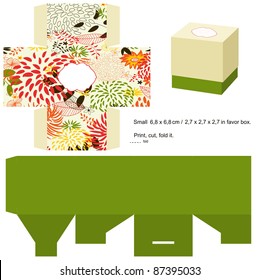 Favor box die cut. Floral pattern. Empty label.