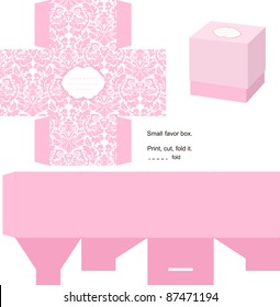 Favor box die cut. Floral classic pattern. Empty label. Pink.