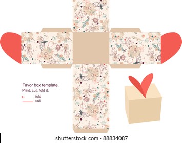 Favor box die cut. Floral pattern. Empty label.