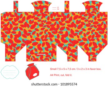 Favor box die cut. Leaves pattern. Empty label.