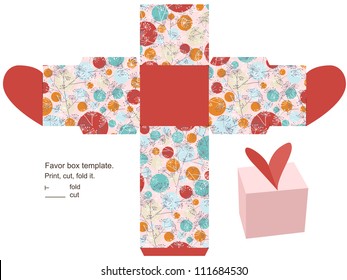 Favor box template. Floral pattern with herbs and circles. Heart  on the top.