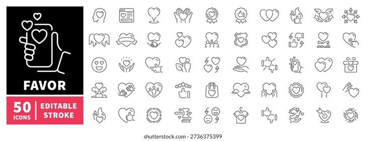 Favor editable line icons set. Linear hearts and love symbols