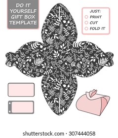 Favor, gift box die cut. Box template with rustic floral pattern. Great for birthday or wedding gift packaging.