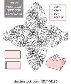 Favor, gift box die cut. Box template with mistletoe pattern. Great for Christmas or New Year present packaging.