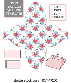 Favor, gift box die cut. Box template with winter floral pattern. Great for Christmas or New Year present packaging.