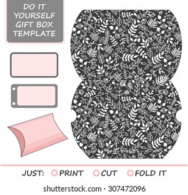 Favor, gift box die cut. Box template with rustic floral pattern. Great for birthday or wedding gift packaging.