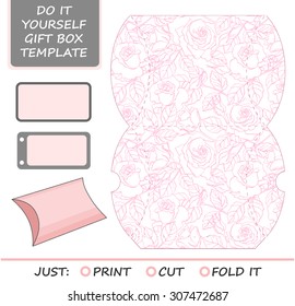 Favor, gift box die cut. Box template with rose pattern. Great for birthday or wedding gift packaging.