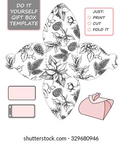 Favor, gift box die cut. Box template with winter floral pattern. For Christmas and New Year gift packaging.