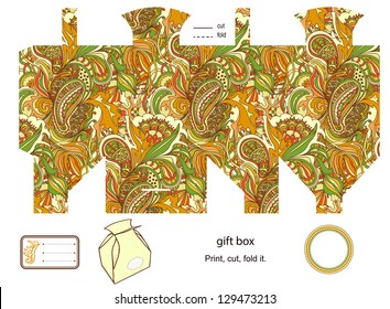 Favor, gift, product box die cut.  abstract floral pattern. Empty label. Designer template.