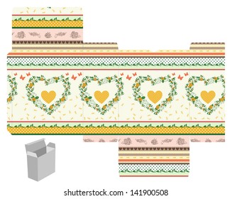 Favor, gift, product box die cut.  Hearts pattern. Designer template.