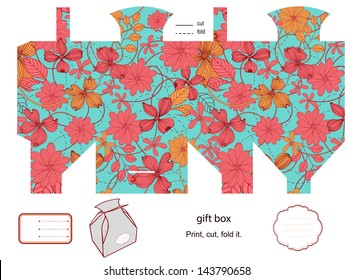 Favor, gift, product box die cut.  Floral pattern. Empty label. Designer template.