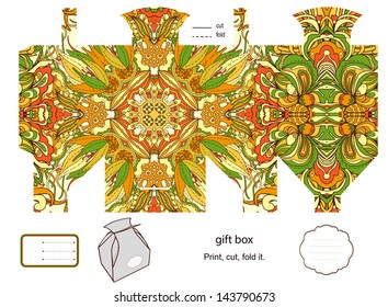 Favor, gift, product box die cut.  Floral pattern. Empty label. Designer template.