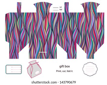 Favor, gift, product box die cut.  Waves pattern. Empty label. Designer template.