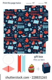 Favor, gift, product box die cut.  Christmas festive pattern. Empty label. Designer template.