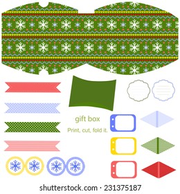 Favor, gift, product box die cut.  Christmas festive pattern. Empty label and party decoration items. Designer template. 