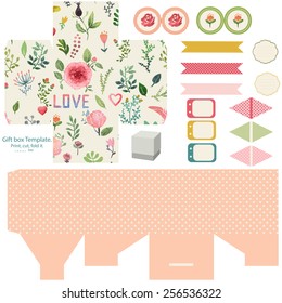 Favor, gift, product box die cut.  Watercolor floral pattern. Empty label. Designer template.