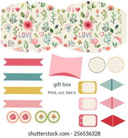 Favor, gift, product box die cut.  Watercolor floral pattern. Empty label. Designer template.