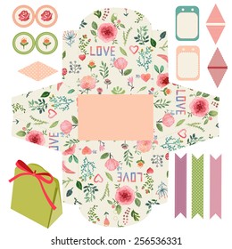 Favor, gift, product box die cut.  Watercolor floral pattern. Empty label. Designer template.