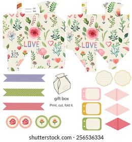 Favor, gift, product box die cut.  Watercolor floral pattern. Empty label. Designer template.