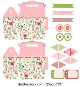 Favor, gift, product box die cut.  Watercolor floral pattern. Empty label. Designer template.