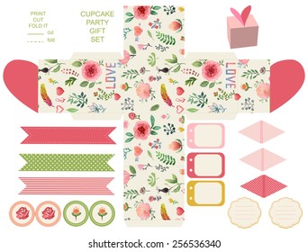 Favor, gift, product box die cut.  Watercolor floral pattern. Empty label. Designer template.