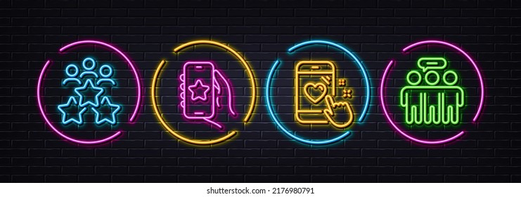 Favorite app, Business meeting and Heart rating minimal line icons. Neon laser 3d lights. Employees group icons. For web, application, printing. Smartphone review, Rating star, Phone feedback. Vector