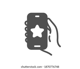 Icono de aplicación favorita. Mano con la señal de teléfono. Teléfono móvil con símbolo de notificación de pantalla. Elemento de diseño de calidad. Icono de aplicación favorita de estilo plano. Trazo editable. Vector
