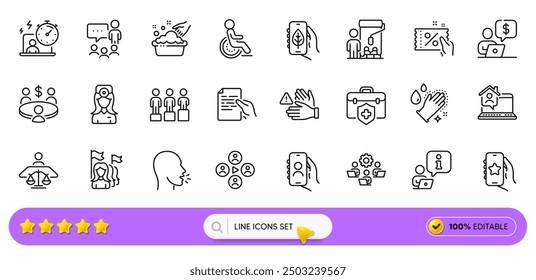 App favorito, lavarse las manos y los iconos de la línea de Cupón de descuento para el App de Web. Paquete de documentos en espera, reuniones, iconos de pictogramas de temporizador. App Video de ecología, conferencia, signos de entrevista. Discapacidad. Vector