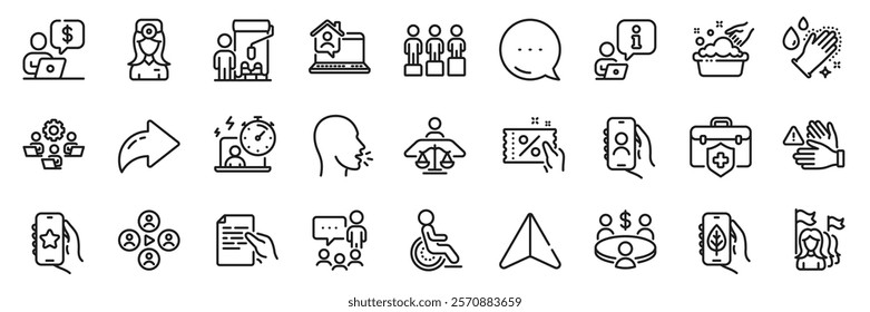 Favorite app, Washing hands and Discount coupon line icons pack. Share, Message, Paper plane icons. Hold document, Meeting, Timer web icon. Ecology app, Video conference, Interview pictogram. Vector