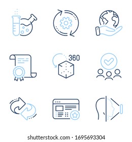 Favorite, Augmented reality and Chemistry lab line icons set. Diploma certificate, save planet, group of people. Cogwheel, Face id and Refresh signs. Star feedback, Virtual reality, Laboratory. Vector