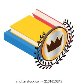 Icono de libro favorito vector isométrico. Tres coloridos libros cerrados e ícono de la corona. Lectura, educación, aprendizaje, formación