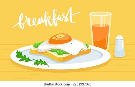 Desayuno favorito. Sándwich, tostada con aguacate y huevo frito en un plato, verduras, un vaso de jugo de naranja. Vista lateral. Desayuno con letras dibujadas a mano. Ilustración detallada del vector de luz.