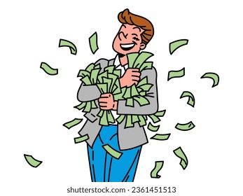 Favorite businessman sitting with a pile of bills, investment, financial success business concept, clipart