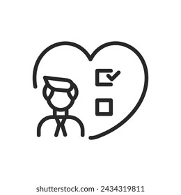 Favorite Candidate Icon. Heart Sign with Checkmark for Voter Preference and Support Symbol in Elections, Thin Line Outline Vector