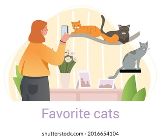 Favorite Cats concept with woman photographing her three pets domestic cats at home on her mobile phone, colored flat cartoon vector illustration with text on white