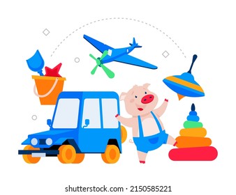Favorite children toys - modern colored vector poster on white background with radio-controlled car, spinning top, rainbow pyramid, piglet, helicopter, set for playing in sandbox - scoop and mold