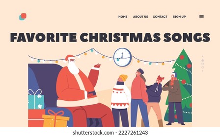 Favorite Christmas Songs Landing Page Template. Children Read Poems to Santa Claus at Decorated Tree. Little Girls and Boys Characters Stand in Queue to Father Noel. Cartoon People Vector Illustration